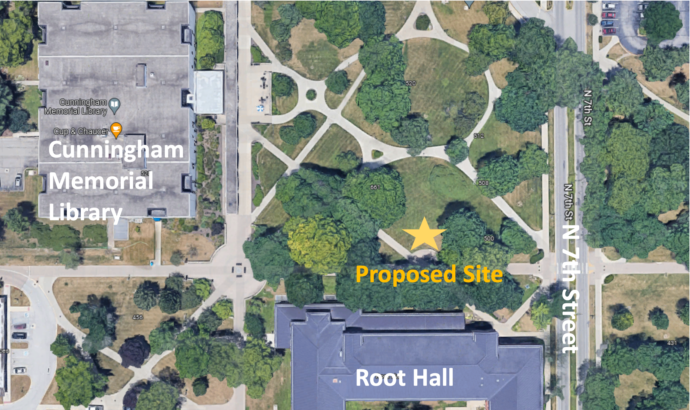 Map showing location of the new National Pan-Hellenic Council Plaza located near Root Hall