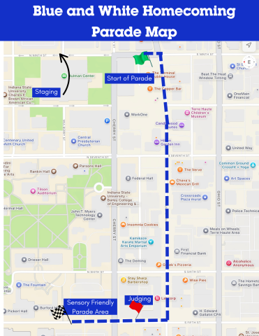 A map of the Blue and White Homcoming Parade. 